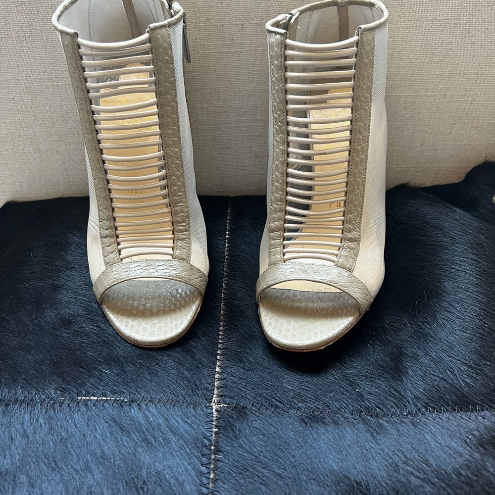 Christian Louboutin Ivory and Taupe Peep-Toe Ankle Booties